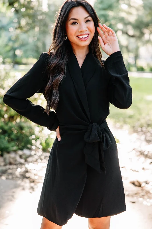 In The Know Black Collared Wrap Dress