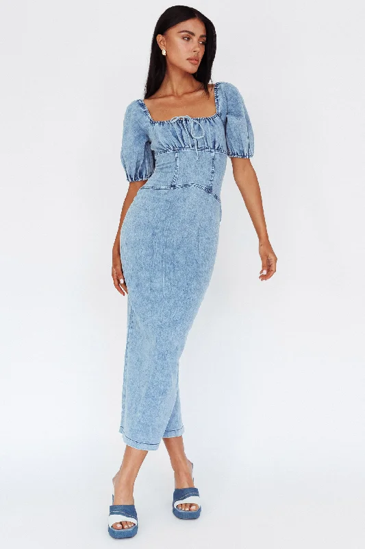 Juneau Puff Sleeve Midi Dress Denim Blue