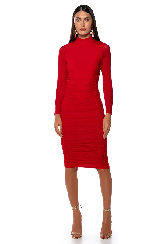 KEEP IT LOW KEY LONG SLEEVE MIDI RUCHED DRESS