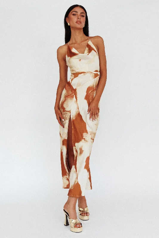 Marcello Cowl Halterneck Midi Dress Marble Brown