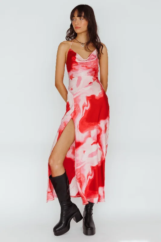 Marcello Cowl Halterneck Midi Dress Marble Red