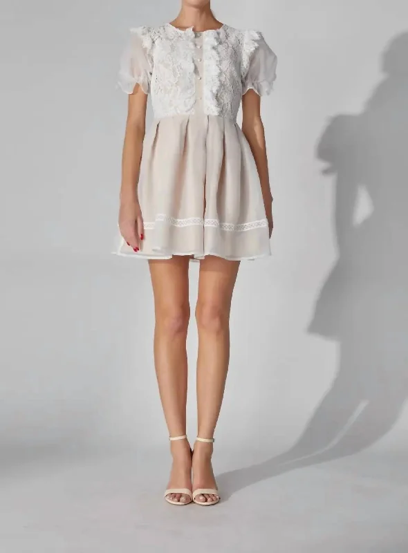 Puff Sleeve Lace Mini Dress In White/beige