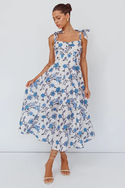 Sweet Pea Tied Bust Midi Dress Flower Blue