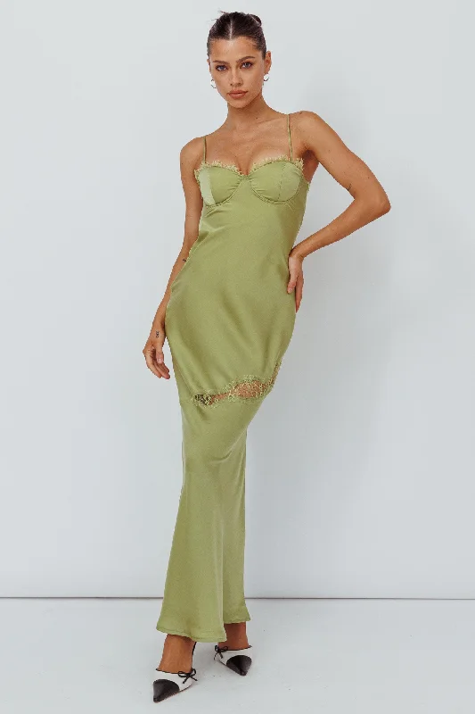 Sweet Talker Lace Trim Midi Dress Lime