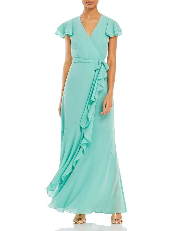 Womens Flutter Sleeve Long Maxi Dress