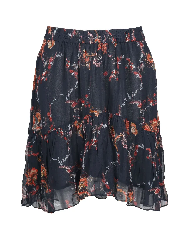 Iro Floral Tiered Midi Skirt in Black Viscose