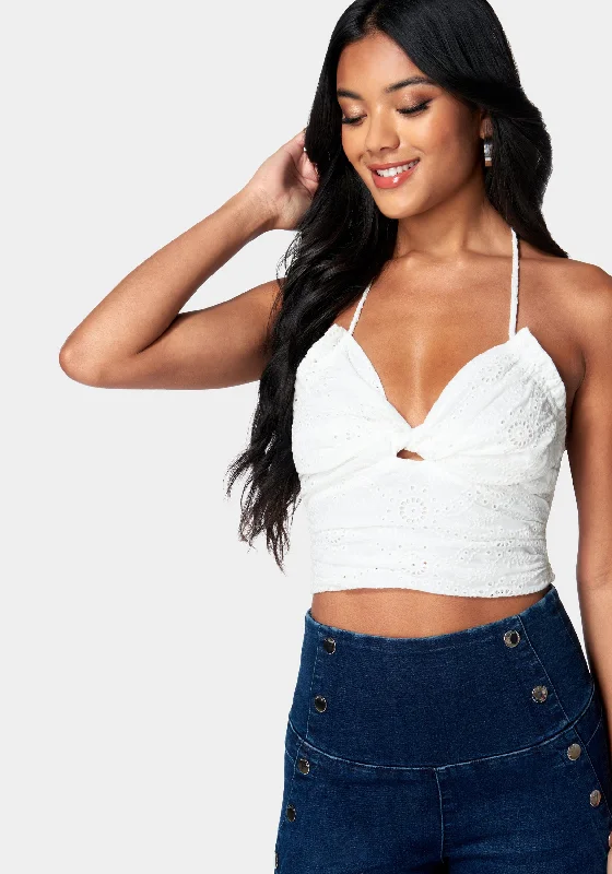 Eyelet Tie Back Ruched Halter Top