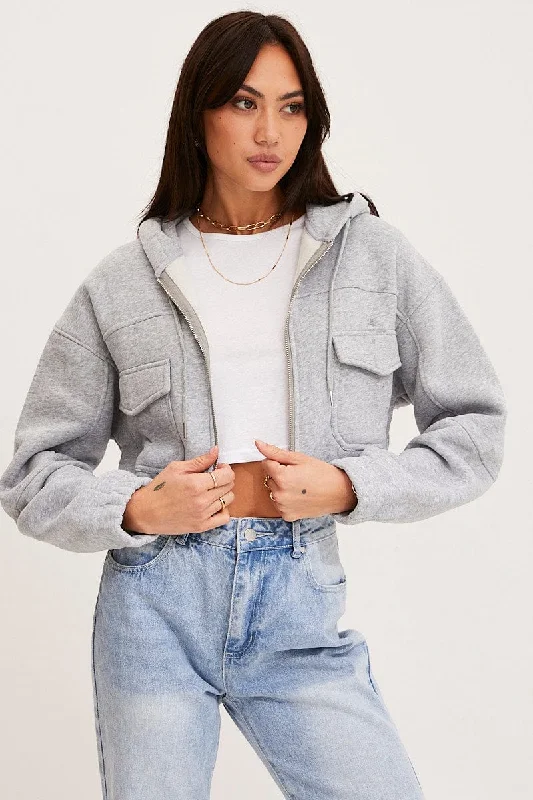 Grey Zip Front Hoodie Long Sleeve