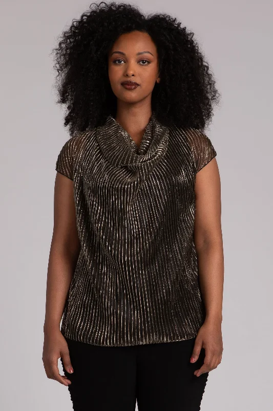 Pleated Mesh Draped Cowl Top | Black/Gold