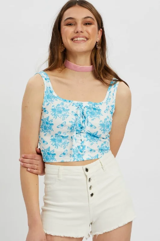 Print Scoop Neck Lace Up Top