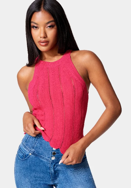 Scallop Hem Pointelle Sweater Halter Top