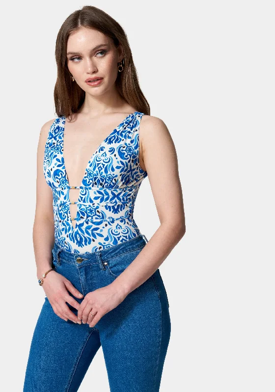 Sleeveless Ruched Deep V Printed Knit Bodysuit