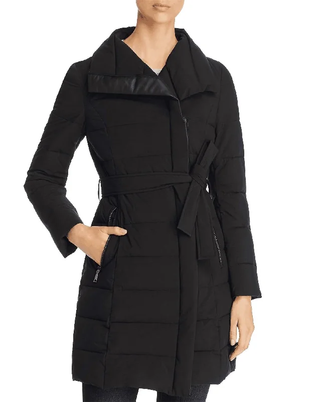 Asymmetrical Belted Stand Collar Puffer Coat In Black