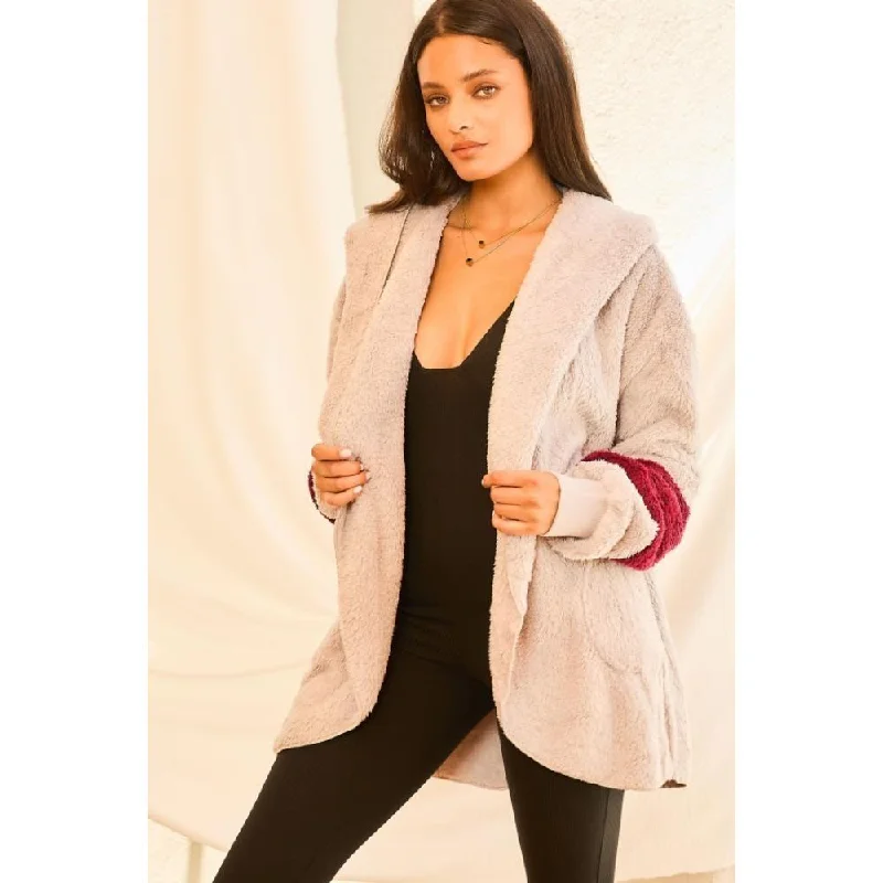 Color Block Long Sleeve Wool Hoodie Jacket With Pocket