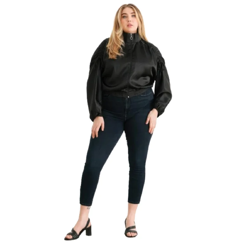 Plus Satin Zip-up Ruched Long Sleeve Cropped Bomber Jacket